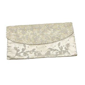 Vintage Purse Ivory 9.5 x 4.5 Clutch Hand Beaded Snap Closure Inside Pocket